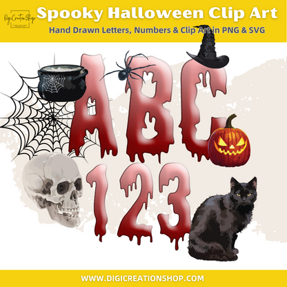 Spooky Hi-Res PNG/SVG Clip Art files | Hand Drawn Rendition of Crowd’s Halloween Favourite Alphabet and Number Set