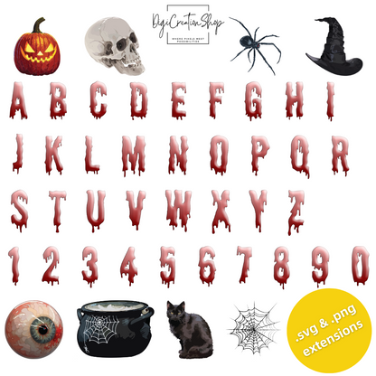 Spooky Hi-Res PNG/SVG Clip Art files | Hand Drawn Rendition of Crowd’s Halloween Favourite Alphabet and Number Set